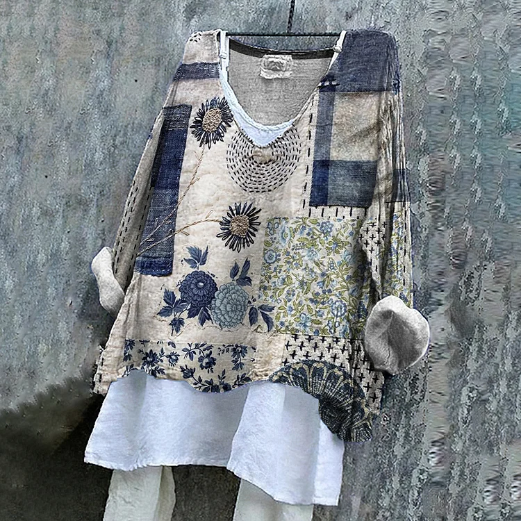 Floral Embroidered Japanese Sashiko Art Linen Blend Tunic