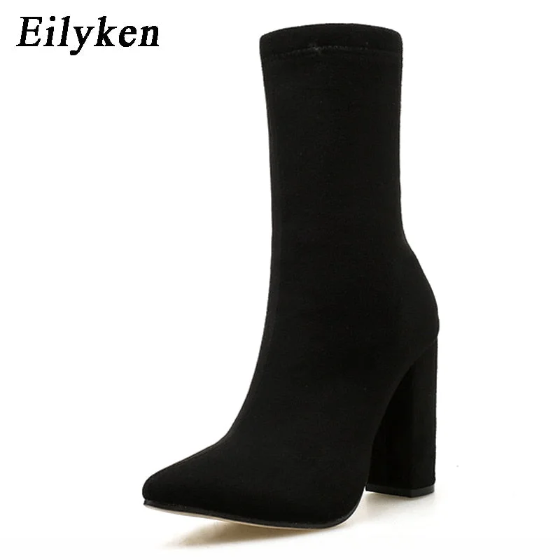 Eilyken 2022 New Flock Ankle Boots Women For Autumn Winter Fashion Pointed Toe heel Zipper Woman Chelsea Boots Plus size 35-42