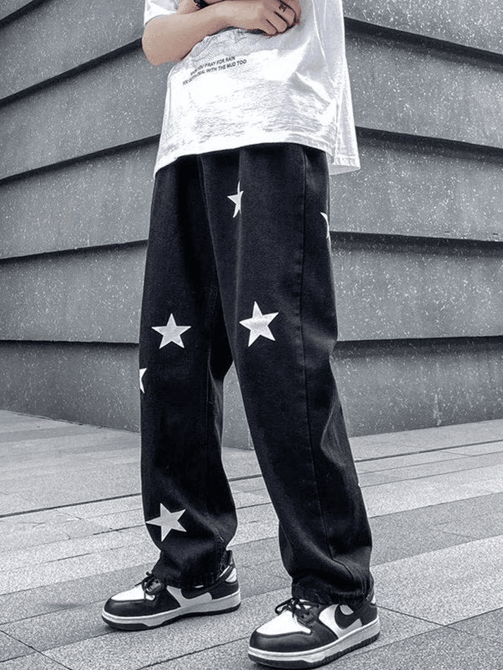 Brownm Men's Washed Star Graphic Loose Jeans