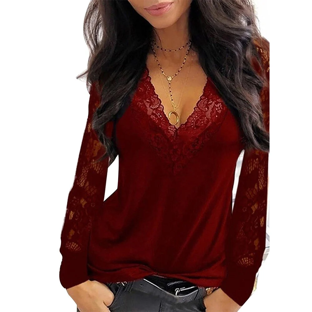2023 Summer Fashion Lace Blouse  V Neck Patchwork Shirts Ladies Office Lady Tops Long Sleeved See Though Autumn Blouse D30