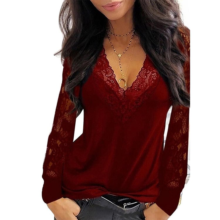 Summer Fashion Lace Blouse Sexy V Neck Patchwork Shirts Ladies Office Lady Tops Long Sleeved See Though Autumn Blouse D30 - BlackFridayBuys