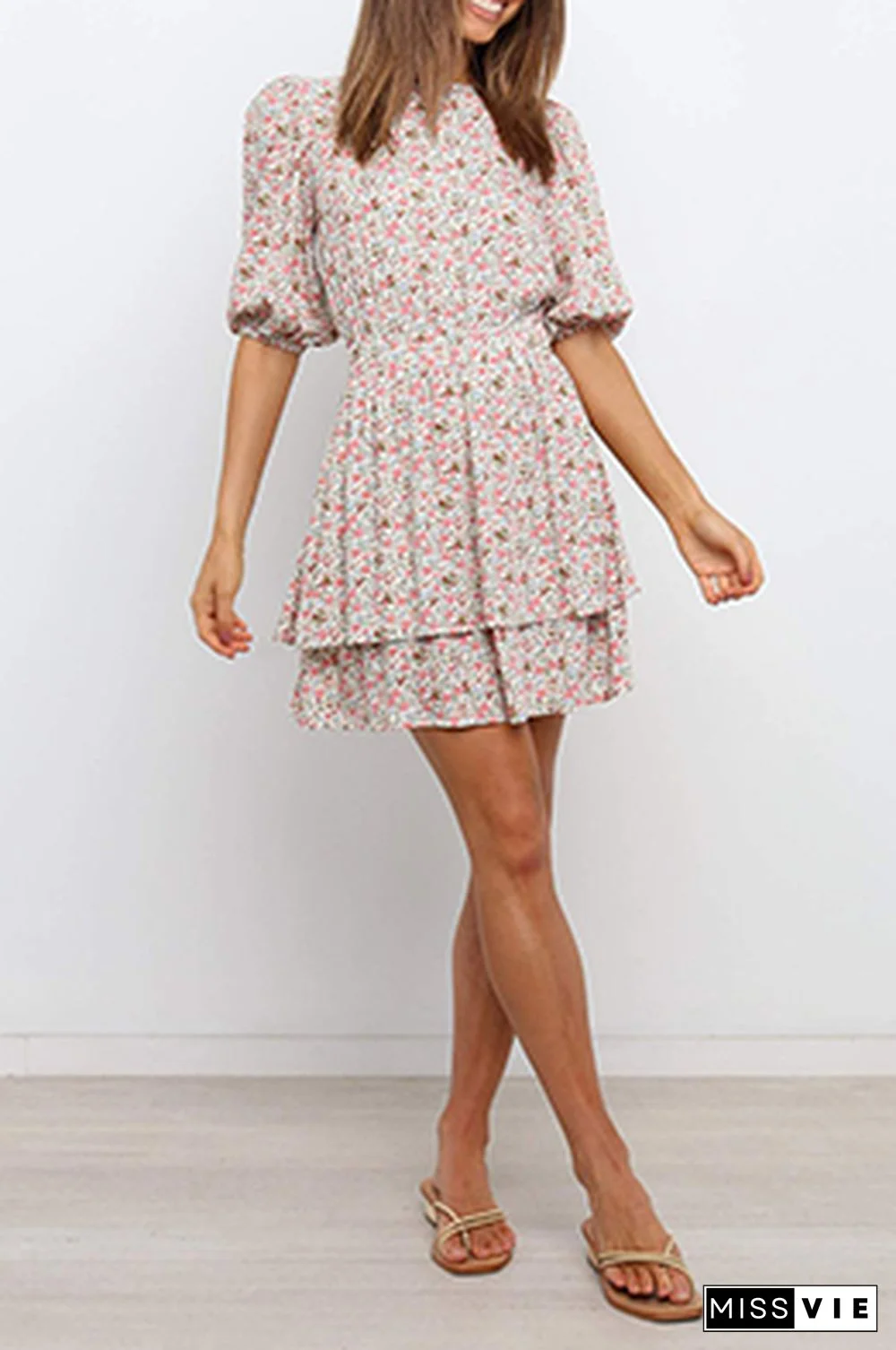 Casual Sweet Floral Split Joint Flounce O Neck Waist Skirt Dresses