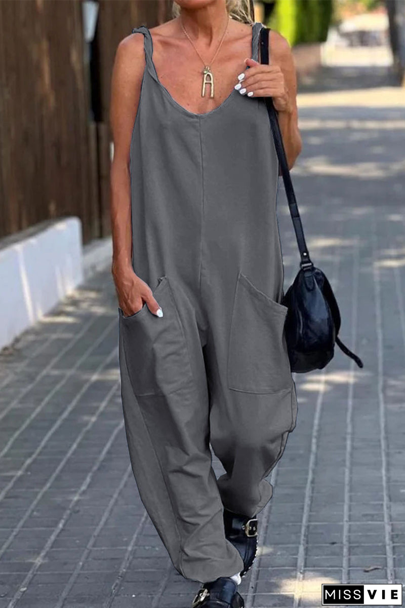 Casual Simplicity Solid Pocket U Neck Loose Jumpsuits(12 Colors)