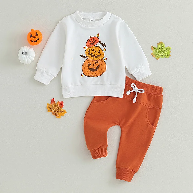 2pcs Baby Toddler Boy/Girl Halloween Pumpkin Print Long Sleeve Sweatshirt and Pants Set