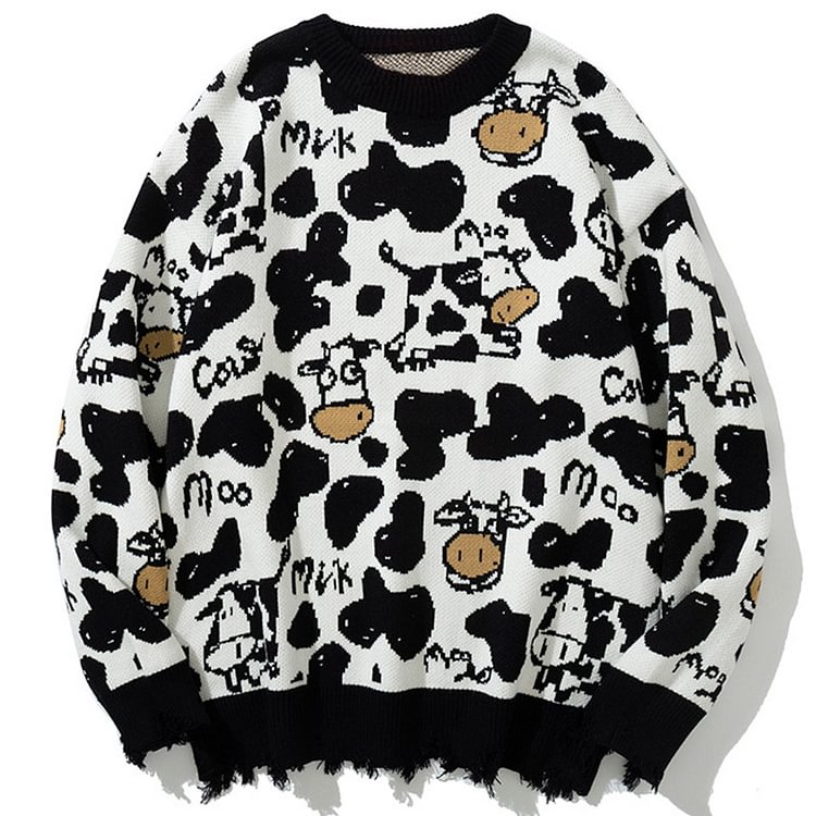 Cartoon Cow Print Loose Sweater - Modakawa Modakawa