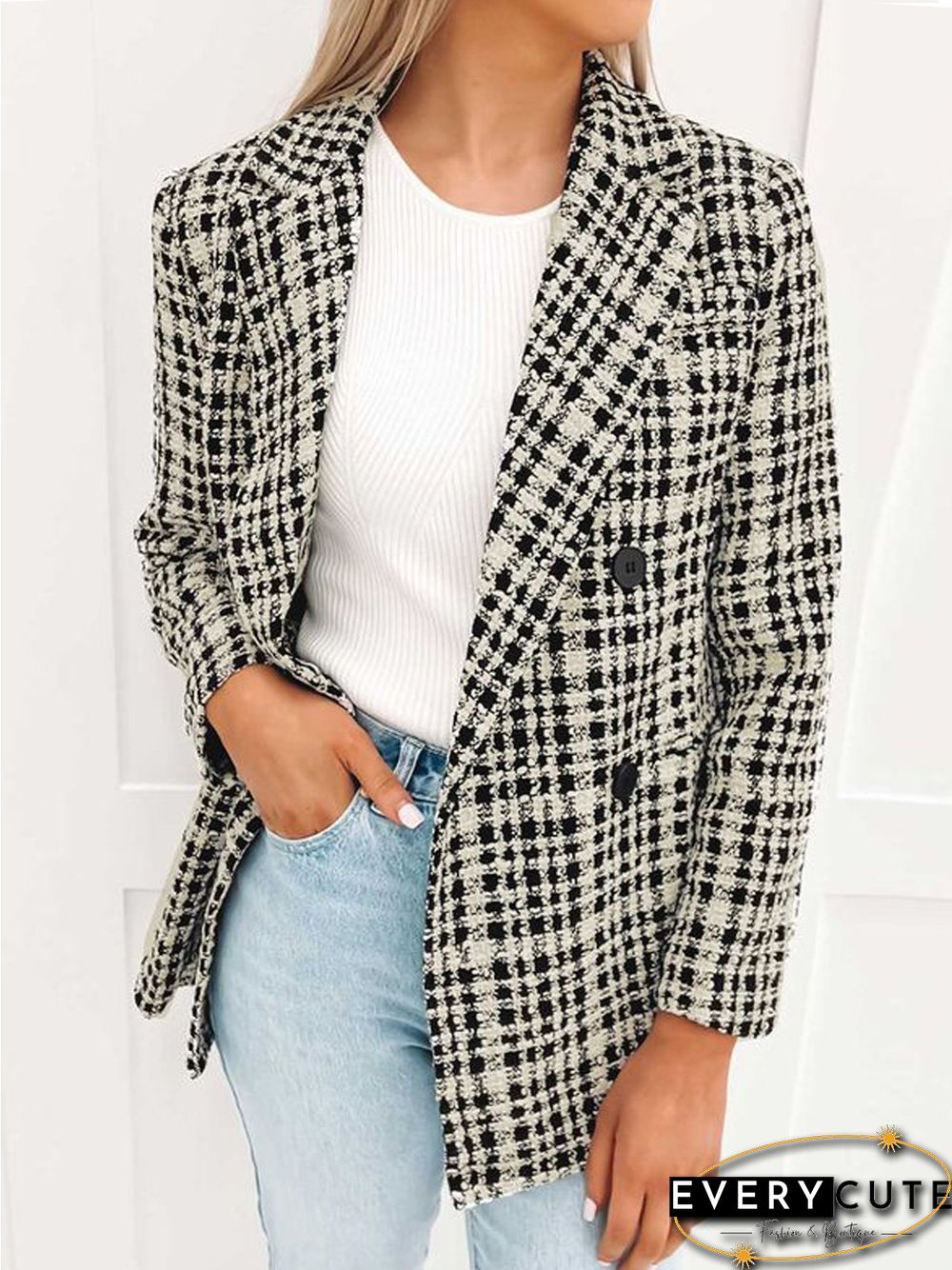 Women Casual Plaid Autumn Natural No Elasticity Daily Long sleeve Regular Regular Blazer