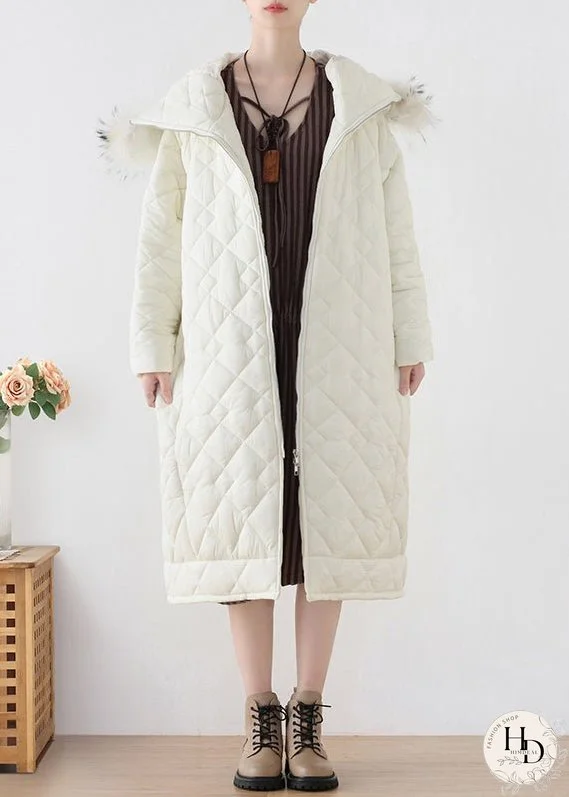 White Fur Collar Zippered Thick Hooded Parka Winter