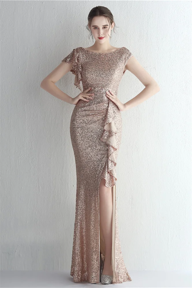 Bellasprom Cap Sleeveless Mermaid Sequins Evening Gown Long With Split Ruffles YE0073