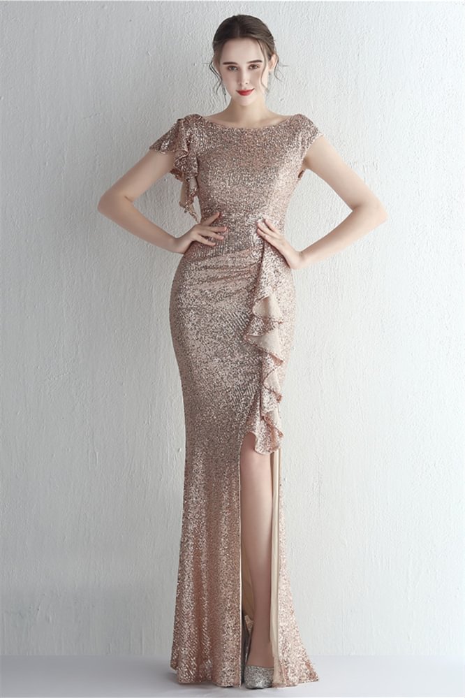 Luluslly Cap Sleeveless Mermaid Sequins Evening Gown Long With Split Ruffles YE0073