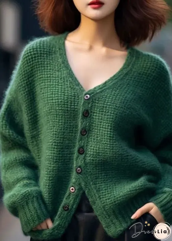 Loose Green V Neck Button Patchwork Cotton Knit Top Spring