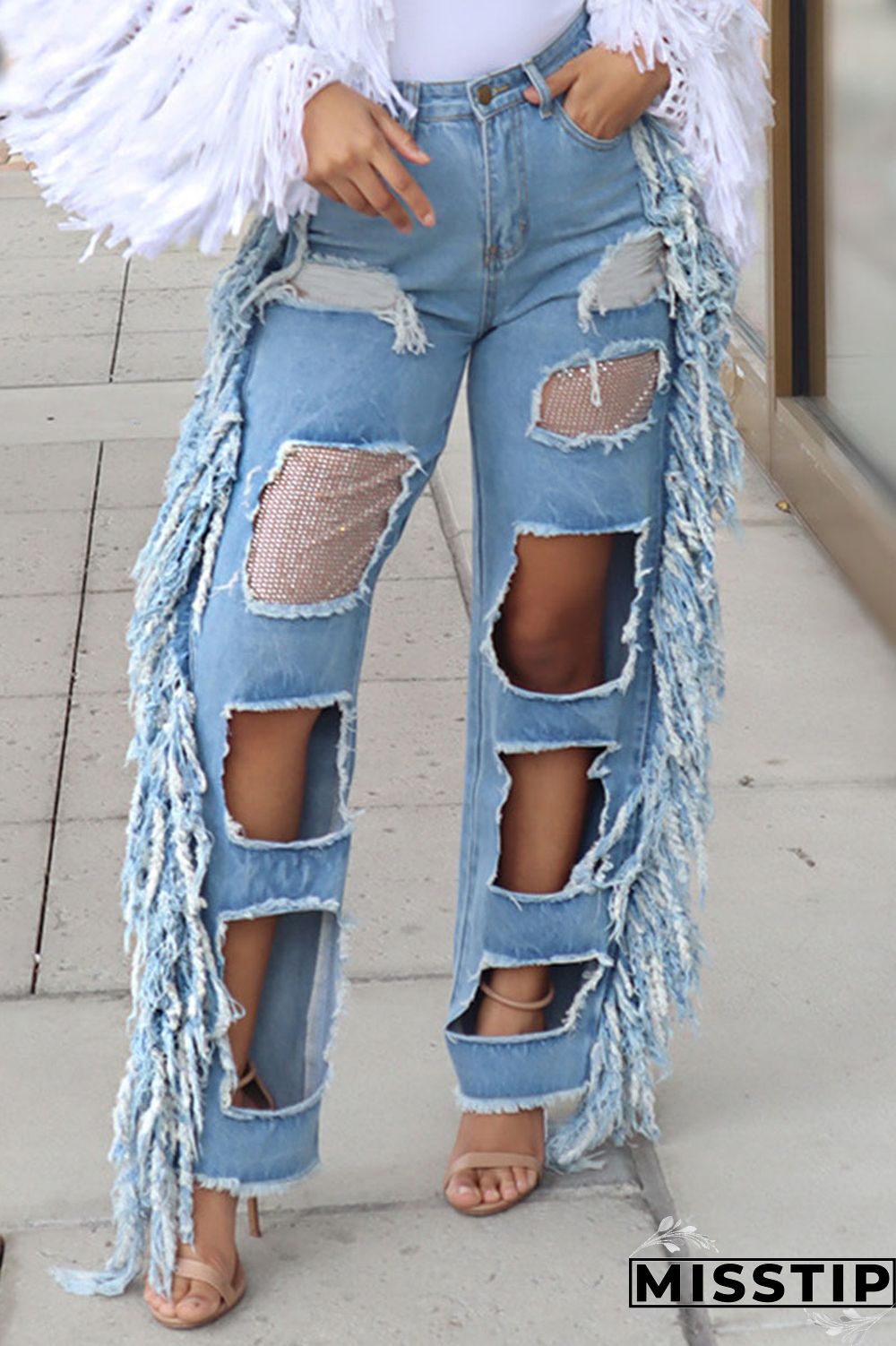 Light Color Street Solid Tassel Ripped Hollowed Out Patchwork High Waist Loose Denim Jeans