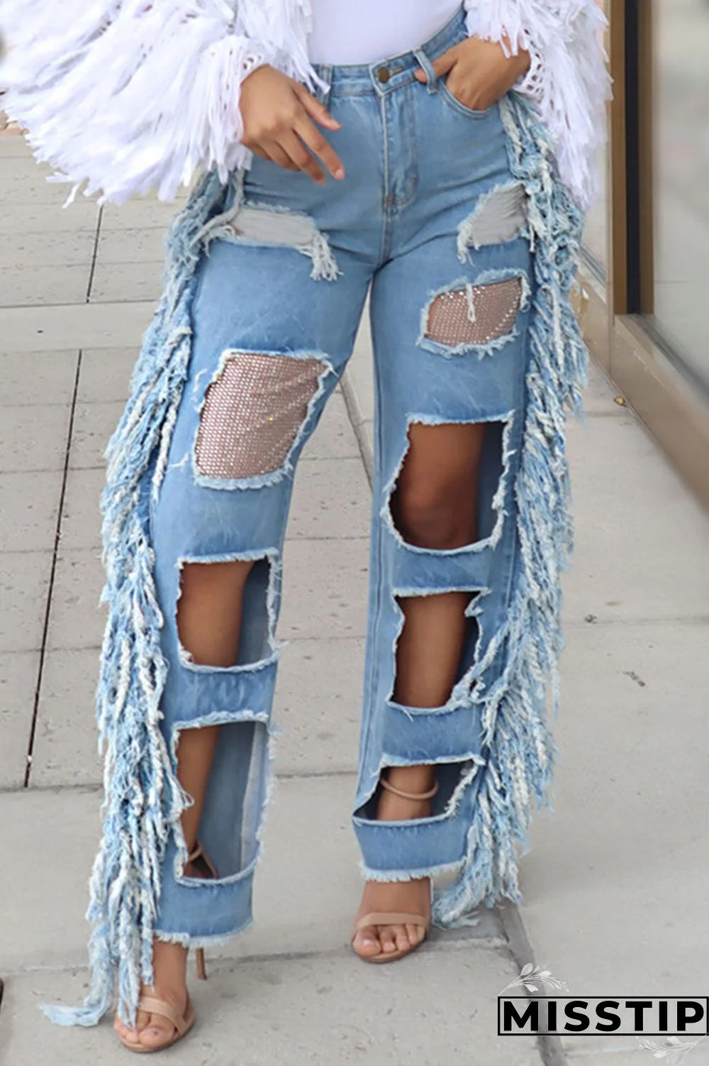 Light Color Street Solid Tassel Ripped Hollowed Out Patchwork High Waist Loose Denim Jeans