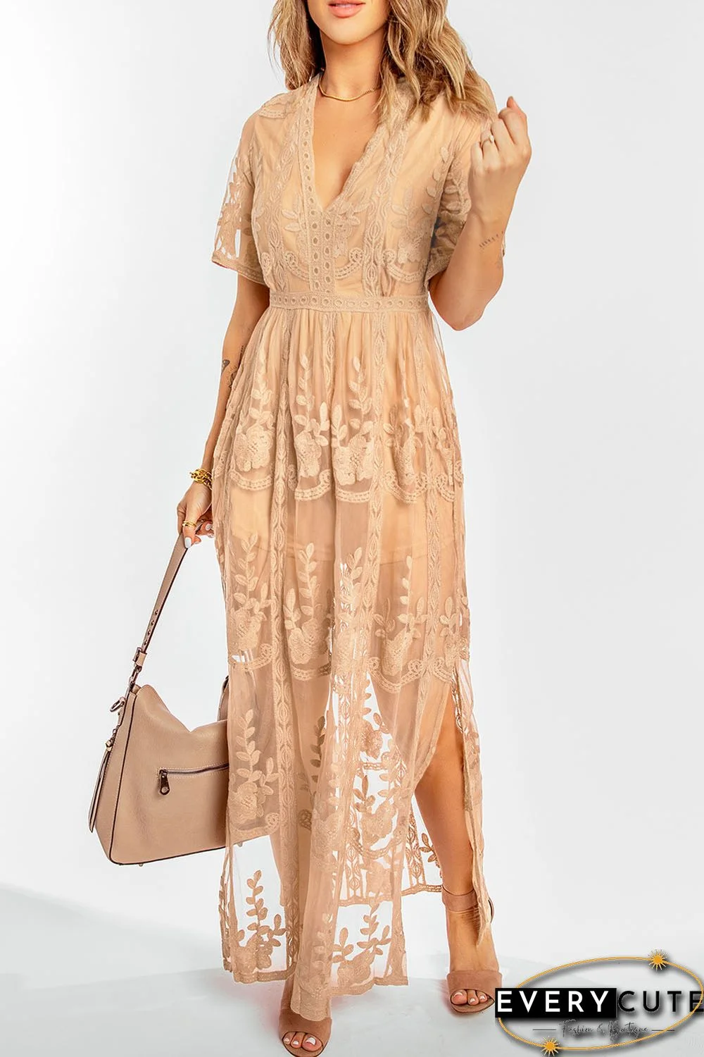 Nude Deep V Neck Short Sleeve Floral Lace Bridesmaid Maxi Dress
