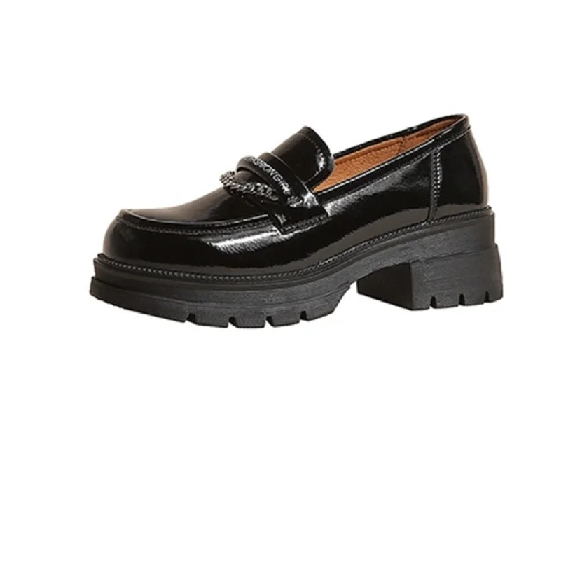 Yyvonne Women Genuine Leather Loafers Shoes Platform Round Toe Block Heels Pumps Chain High Heel Ladies Footwear Spring Black 39