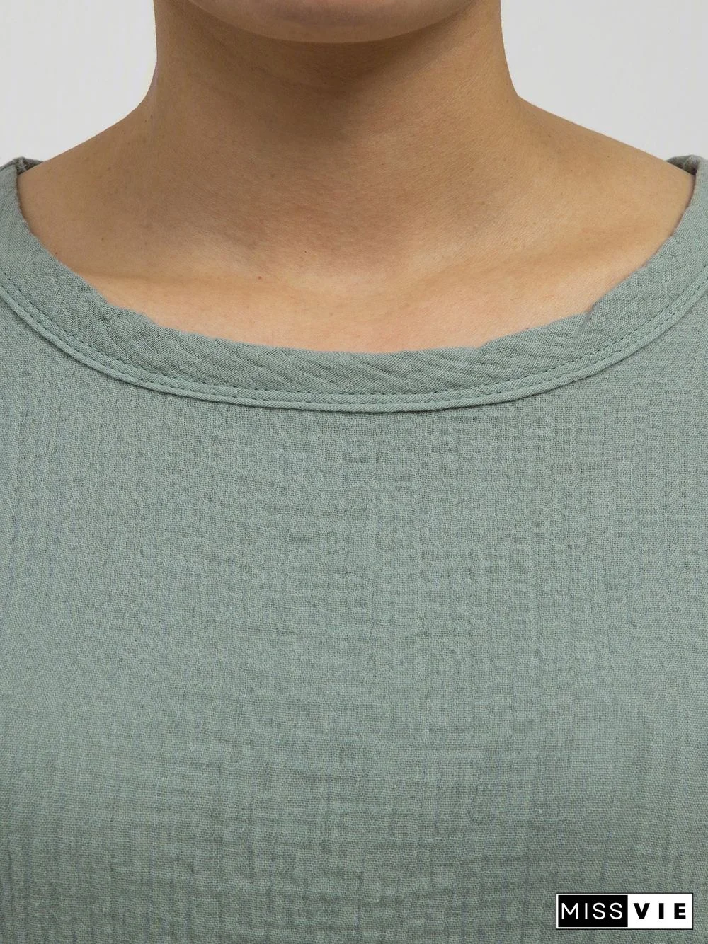 Women Casual Linen Cotton Plain Short Sleeve Blouses