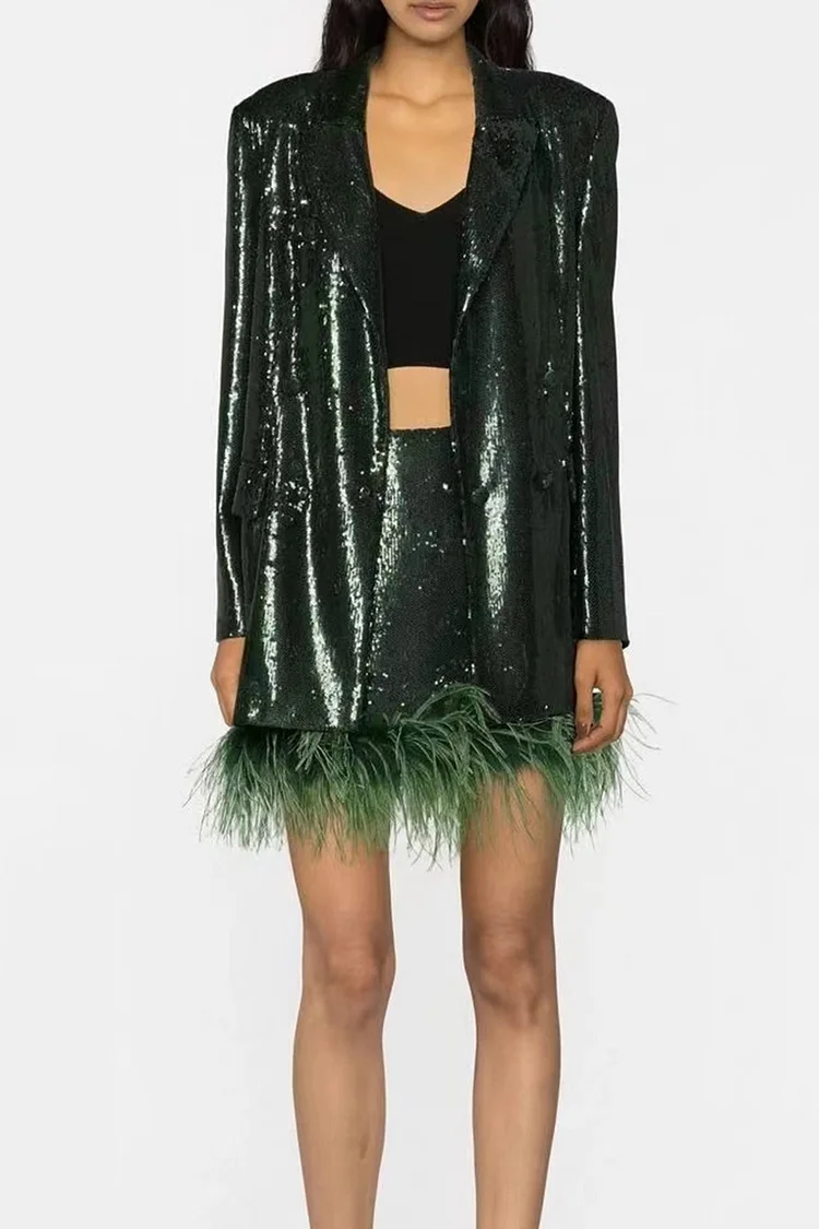 Lapel Blazer Feather Trim Sequin Two Piece Skirt Set-Dark Green