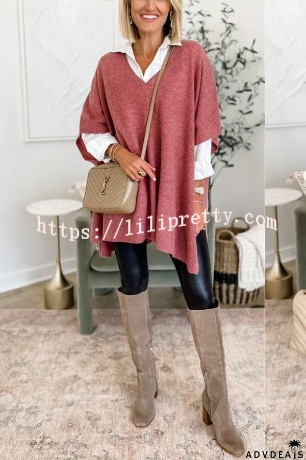 Lilipretty Fashion Comfortable and Versatile Knit Loose Poncho V Neck Sweater