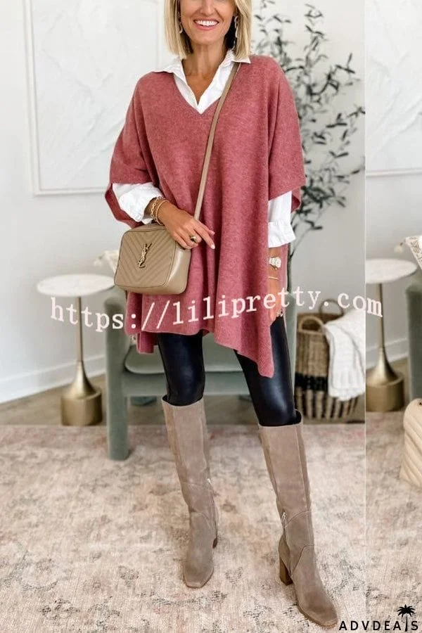 Lilipretty Fashion Comfortable and Versatile Knit Loose Poncho V Neck Sweater