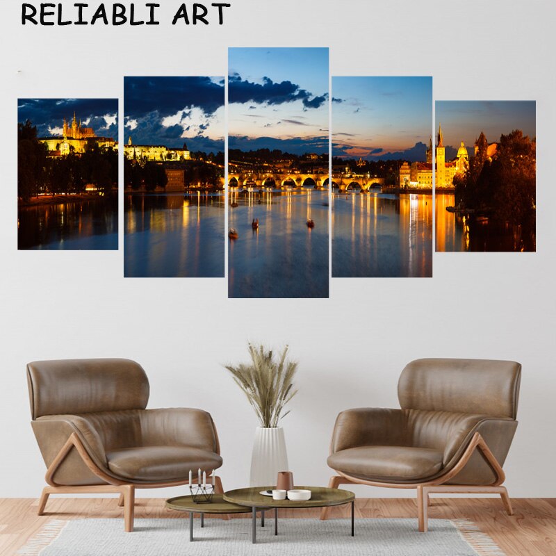 City Building Bridge Night Landscape Poster and Prints Canvas Painting 5 Panels Wall Art for Living Room Home Decor No Frame