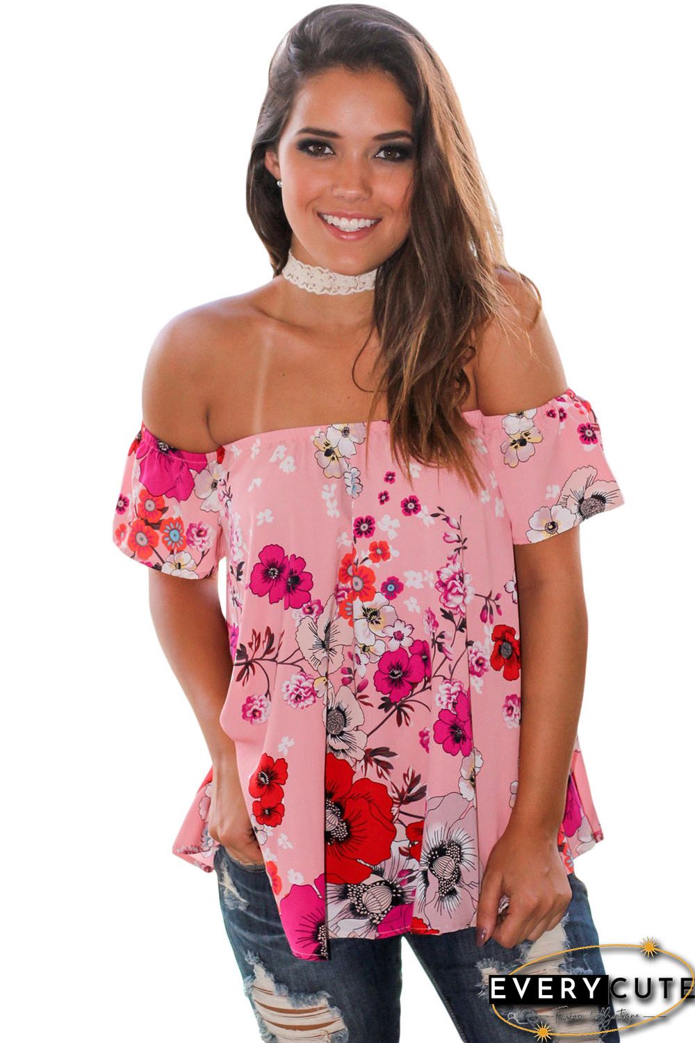 Pink Red Floral Off Shoulder Blouse