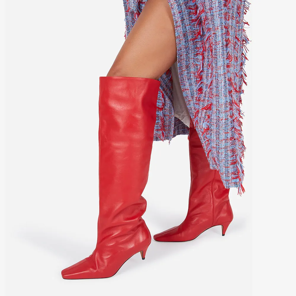 Red Faux Leather Square Toe Kitten Heel Long Boots for Women