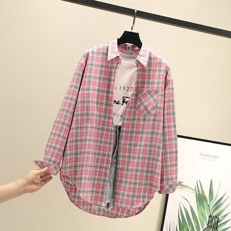 Women Blouses Shirts Tunic Womens Tops 2020 Long Sleeve Clothing Button Up Down Plaid New Fashion Autumn Turn-down Collar Good