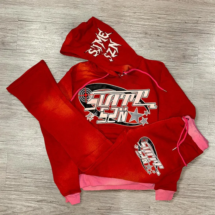 Stylish retro printed loose hoodie set