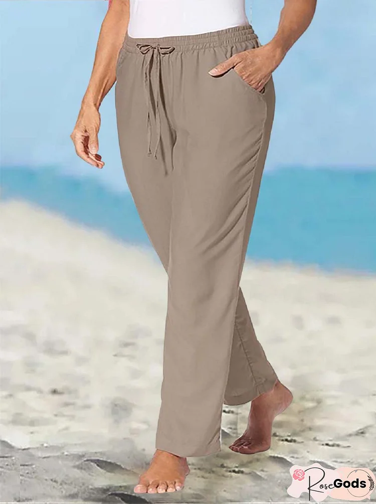 Plain Cotton and Linen Casual Drawstring Trousers