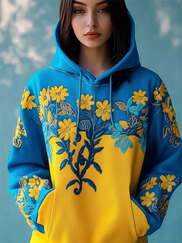Ukraine Ethnic Floral Embroidered Contrast Color Hoodie