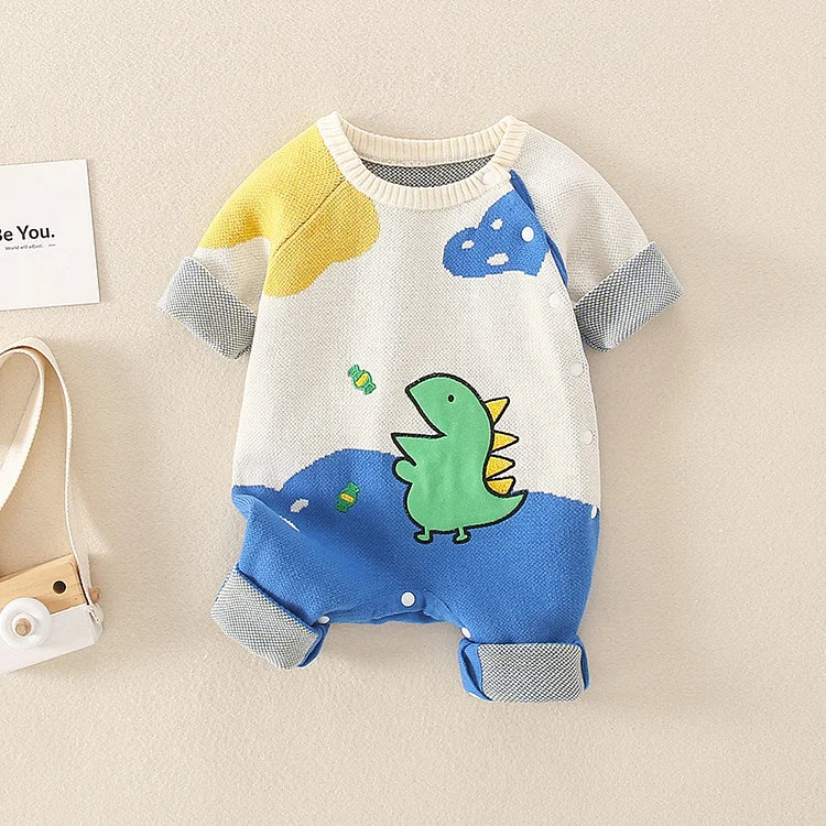 Baby Boy Cartoon Dinosaur Print Long Sleeve Knitted Romper