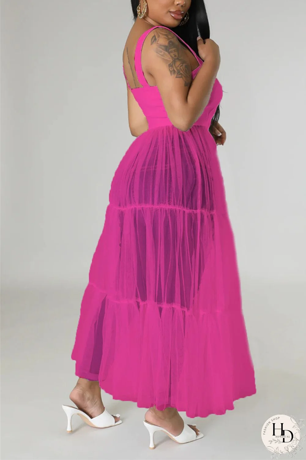 Yellow Casual Simplicity Solid Patchwork Fold Mesh Spaghetti Strap High Waist Tops