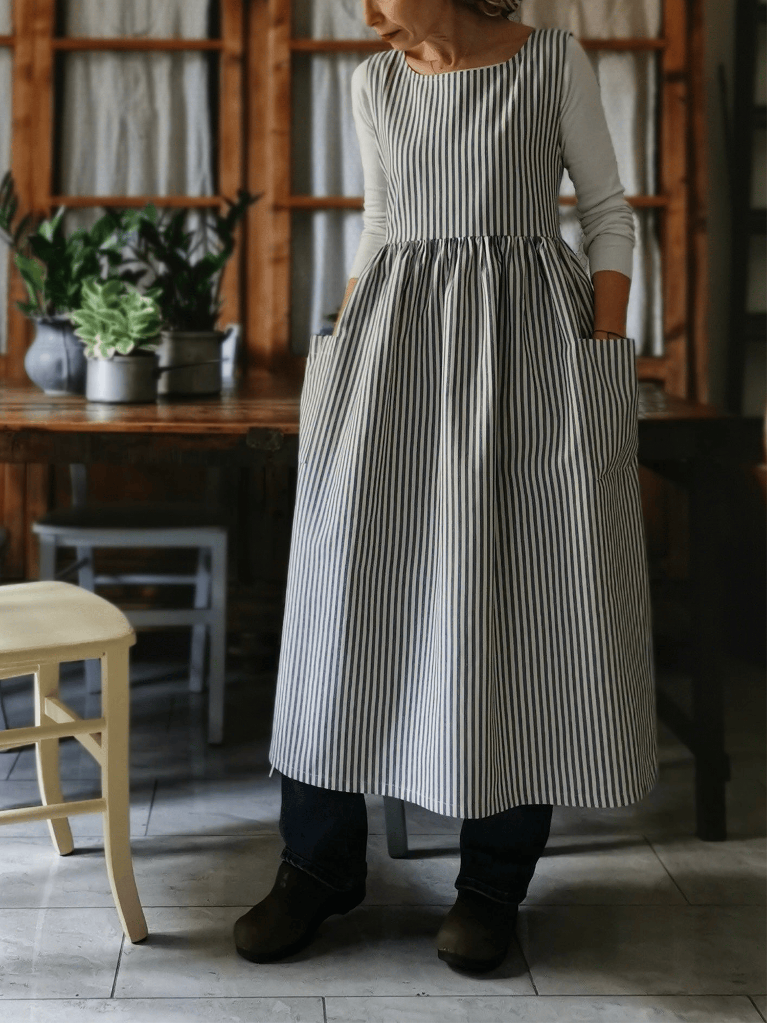 Kitchen Apron for Women in Blue Striped Cotton