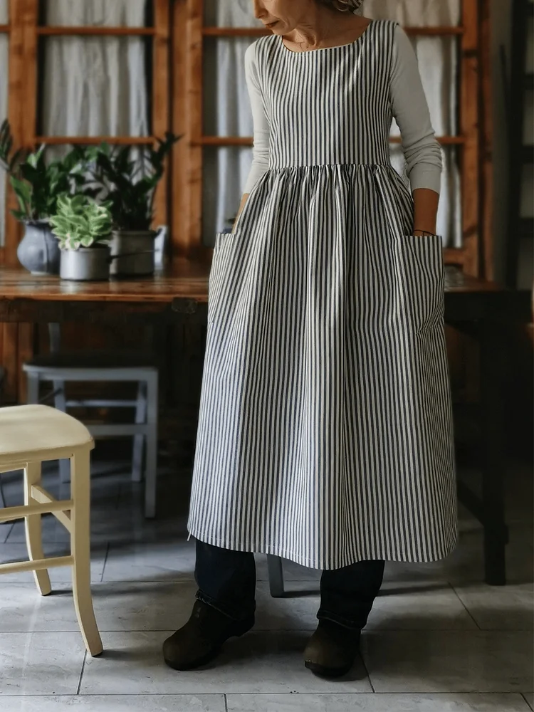 Kitchen Apron for Women in Blue Striped Cotton