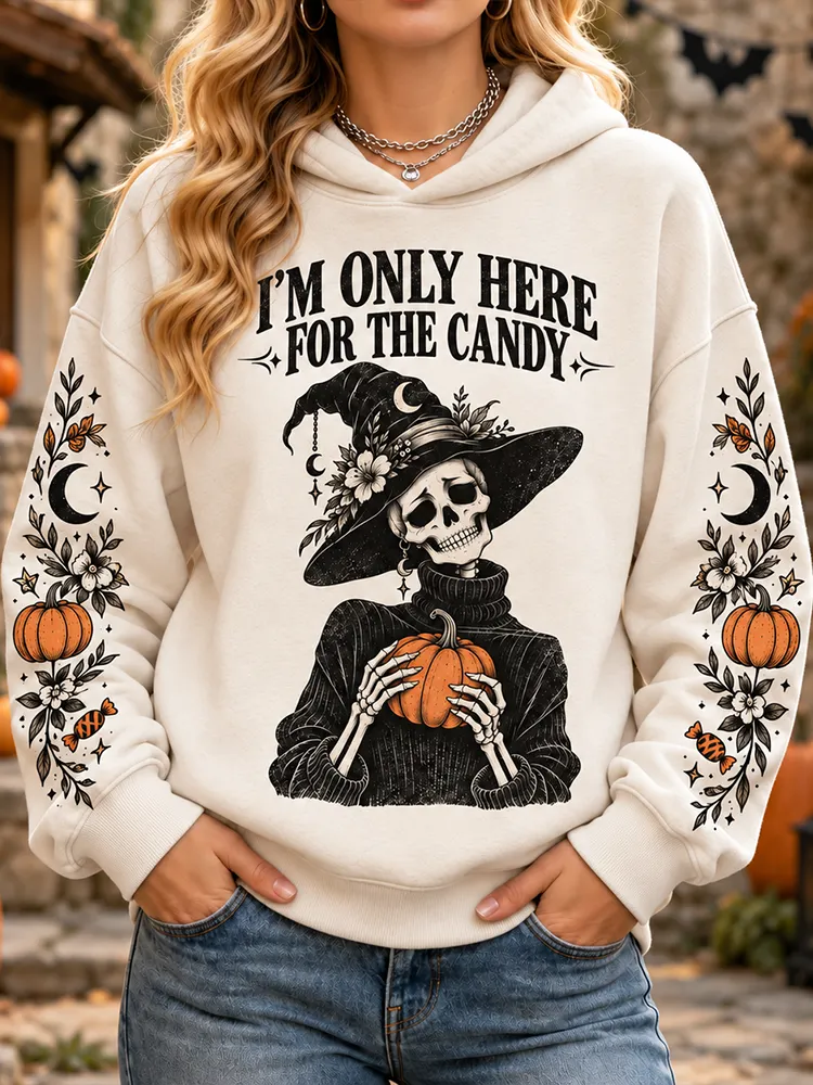 Comstylish Women's Halloween Witch Skeleton And Pumpkin Quote Pattern Hooded Sweatshirt