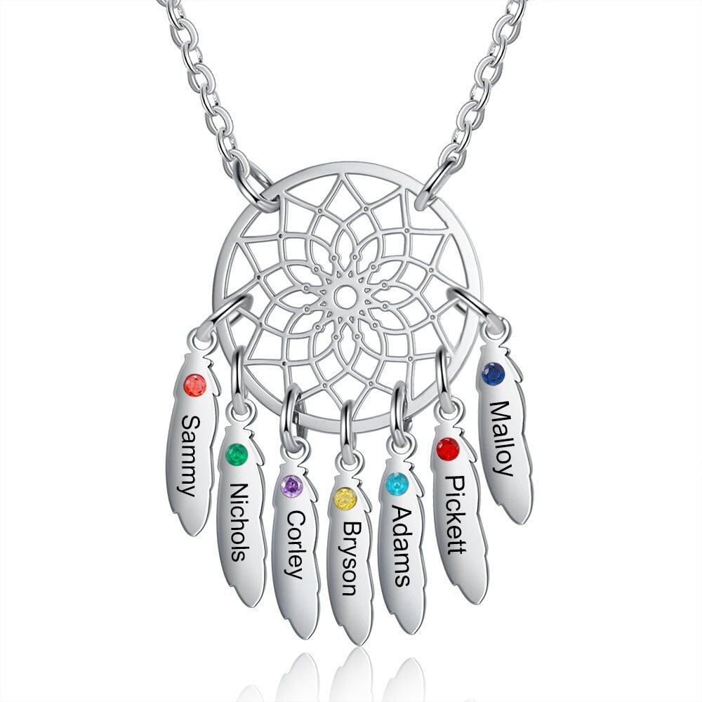 Vangogifts Custom Necklace 1-7 Names Birthstone Family Dream Catcher Necklace Gift for Mom Grandma