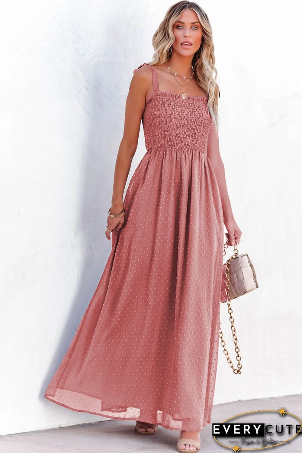 Red Smocked Swiss Dot Maxi Dress