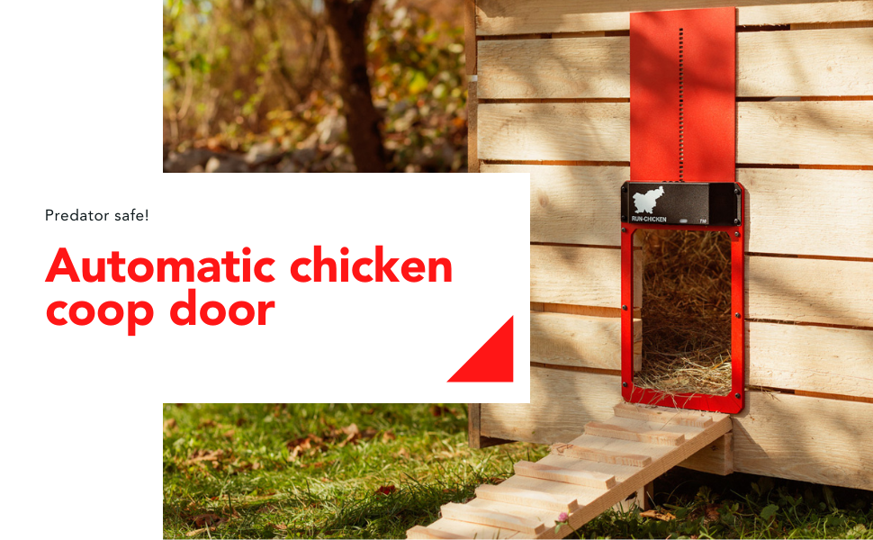 Automatic chicken coop door. Predator safe! Red open aluminium chicken door in nature.