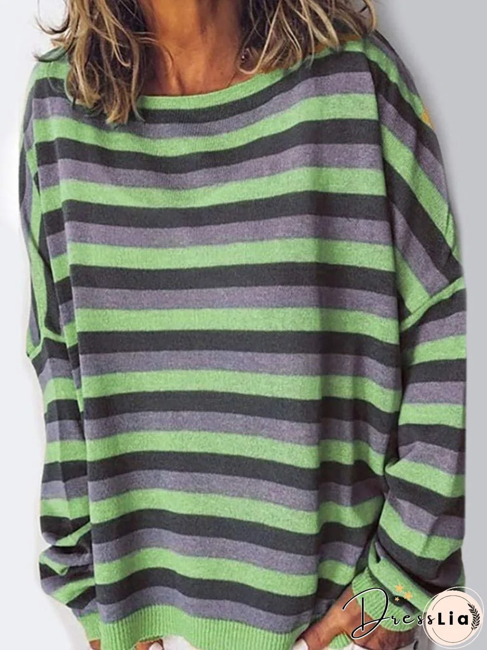 Stripe Round Neck Long Sleeve Casual T-shirt