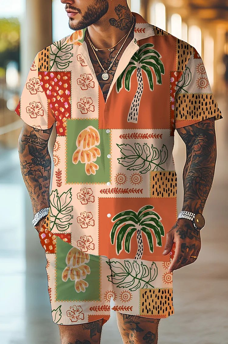 Men's Tropical Flowers Plants Vacation Art Print Short Sleeve Shirt Set