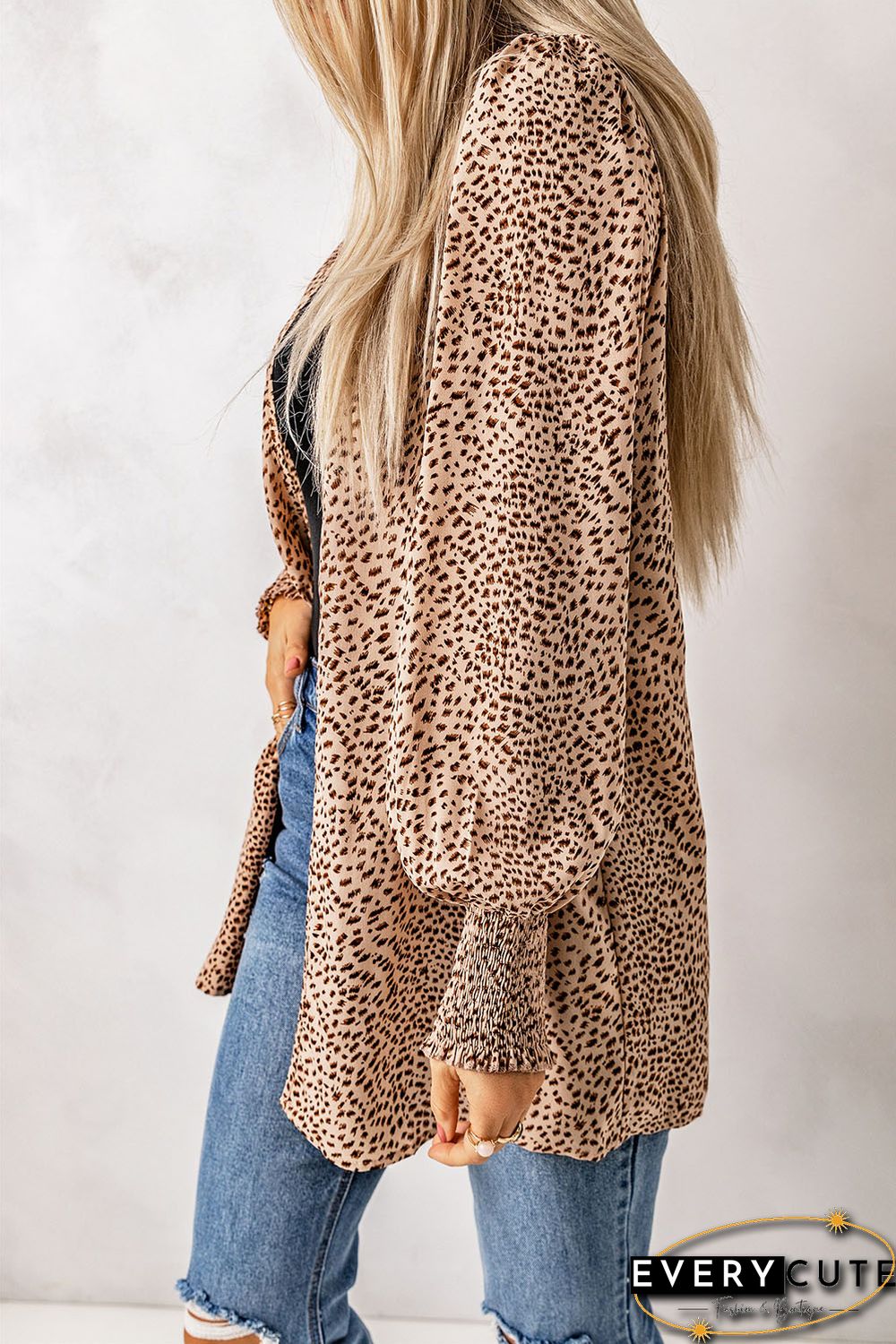 Apricot Animal Print Shirred Cuff Lantern Sleeve Cardigan