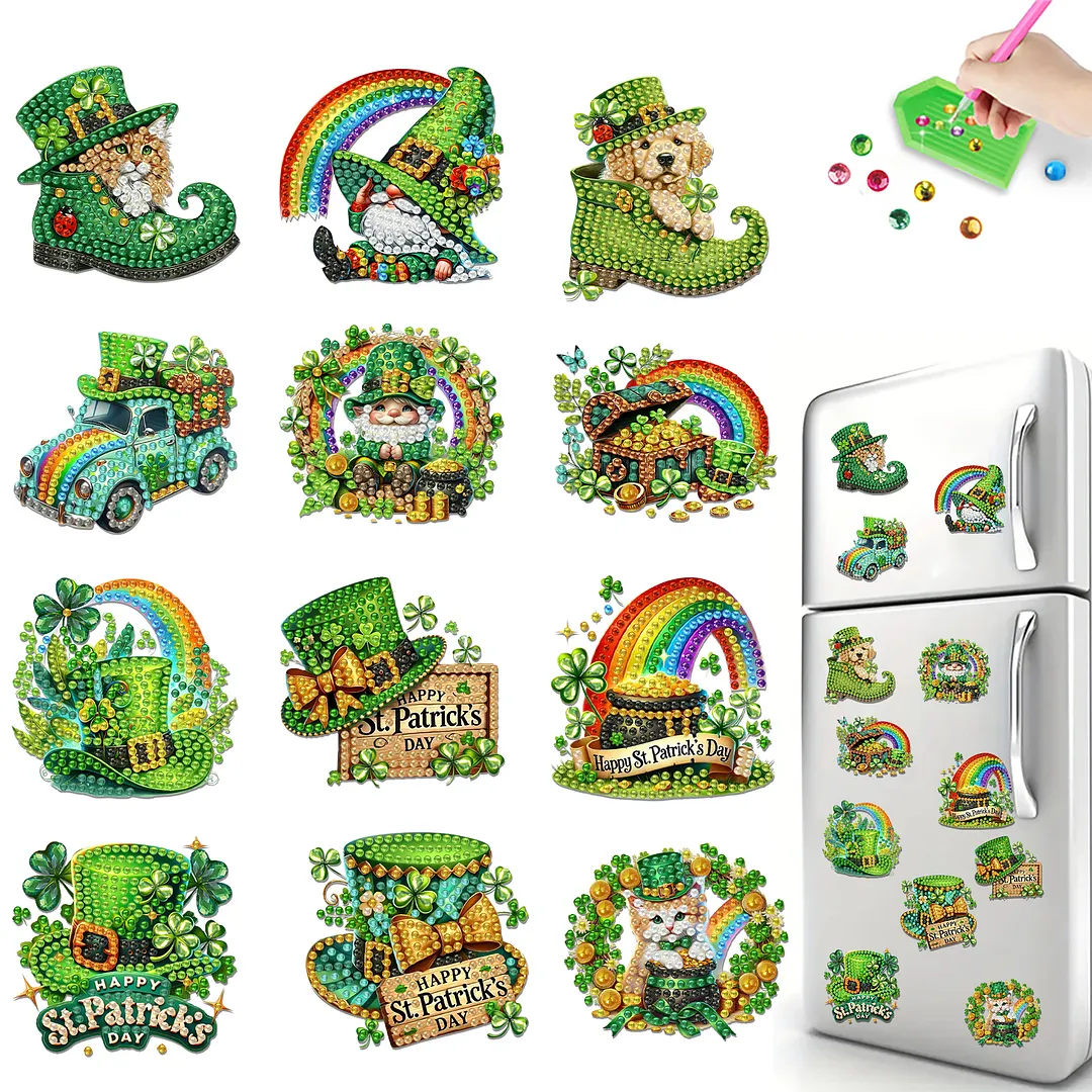 12Pcs St Patricks Day DIY Diamond Art Fridge Magnet Refrigerator Sticker Diamond Art Stickers Refrigerator Painting Kits for Beginners Adults DIY Craft Gifts Home Decors
