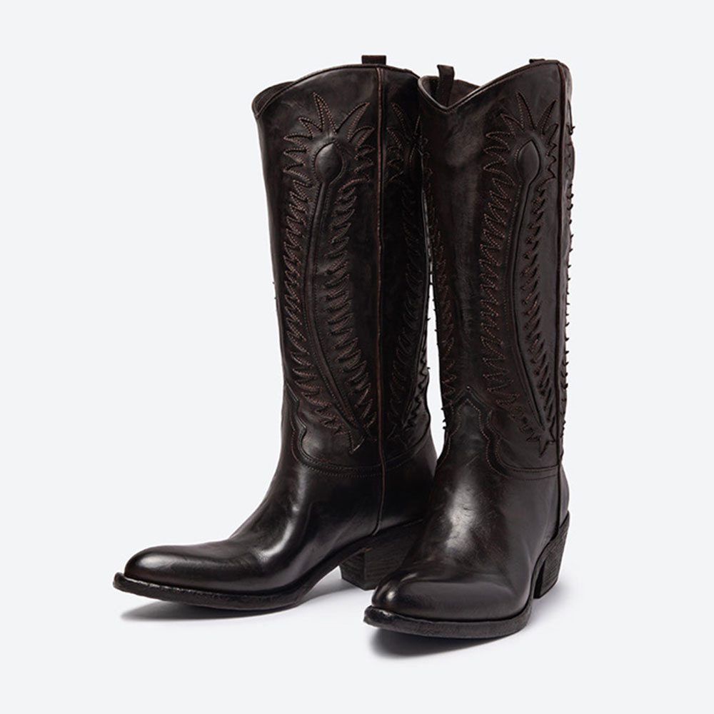 Dark Brown Embroidered Almond Toe Chunky Heel Cowgirl Boots for Women Nicepairs