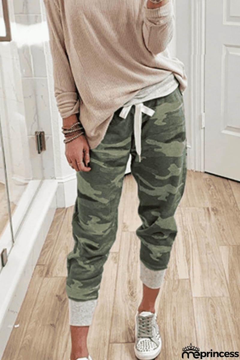 Casual Camouflage Print Draw String Capris Patchwork Bottoms