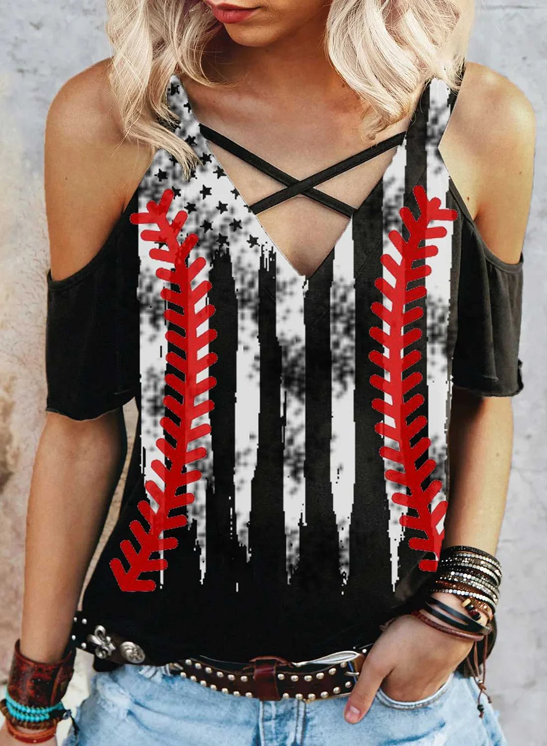 Buzzdaisy Women's T-shirts Flag Cold Shoulder Softball T-shirts