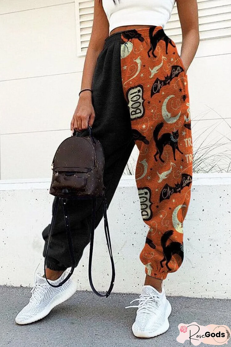 Fashion Halloween Print Patchwork Trousers
