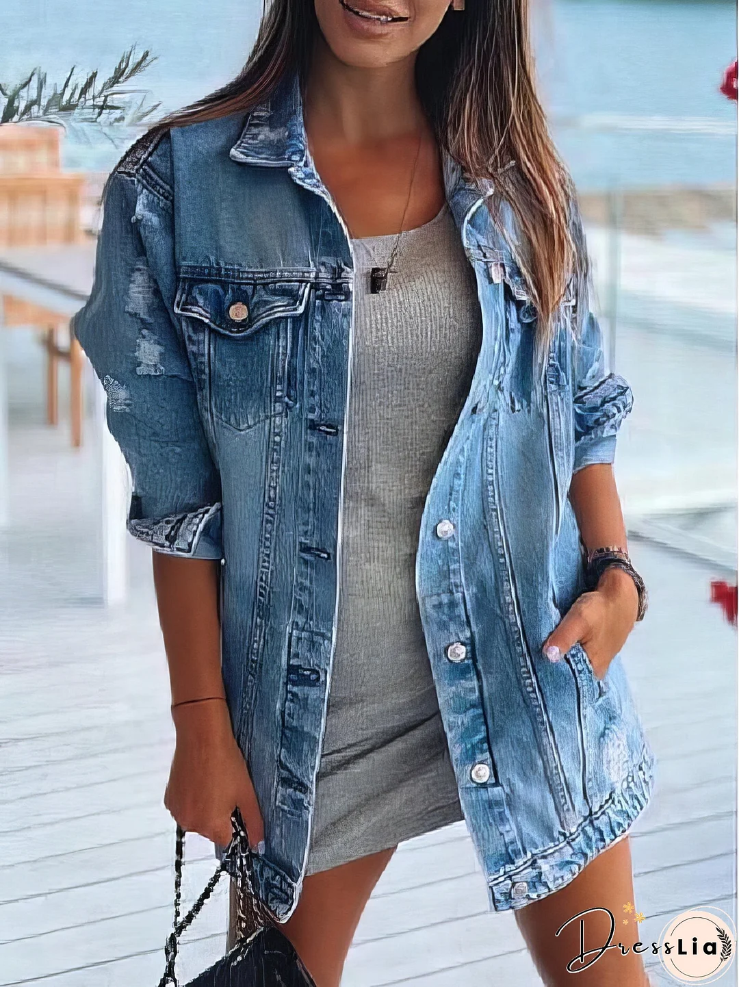 Light Wash Denim Jacket with Crystal Detail