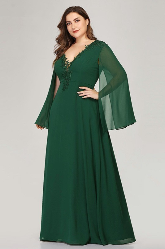 Green Ruffles Long Sleeve Mermaid Plus Size Evening Prom Dress