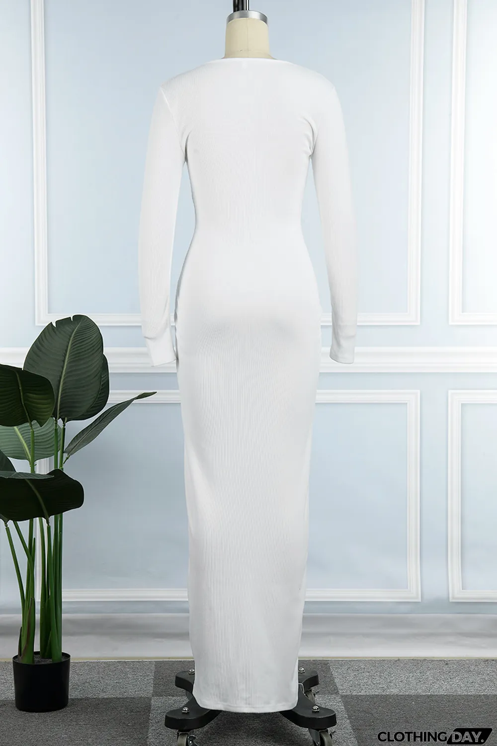 White Sexy Simplicity Solid Frenulum V Neck One Step Skirt Dresses