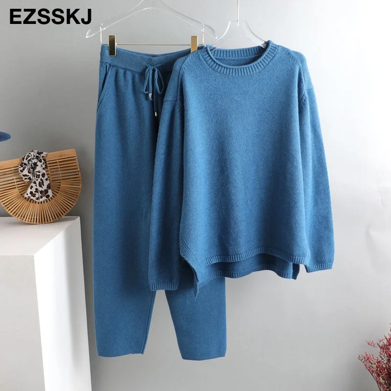 2 Pieces Set Women Knitted Tracksuit Turtleneck Sweater + Carrot Jogging Pants Pullover 2021  Sweater Set CHIC Knitted Outwear