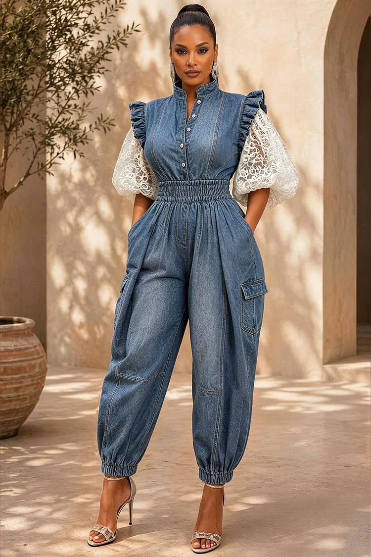 Xpluswear Design Plus Size Daily Blue Stand-Up Collar Puff Sleeve Short Sleeve Cargo Contrast Denim Jumpsuits [Pre-Order] 2024 - Xpluswear